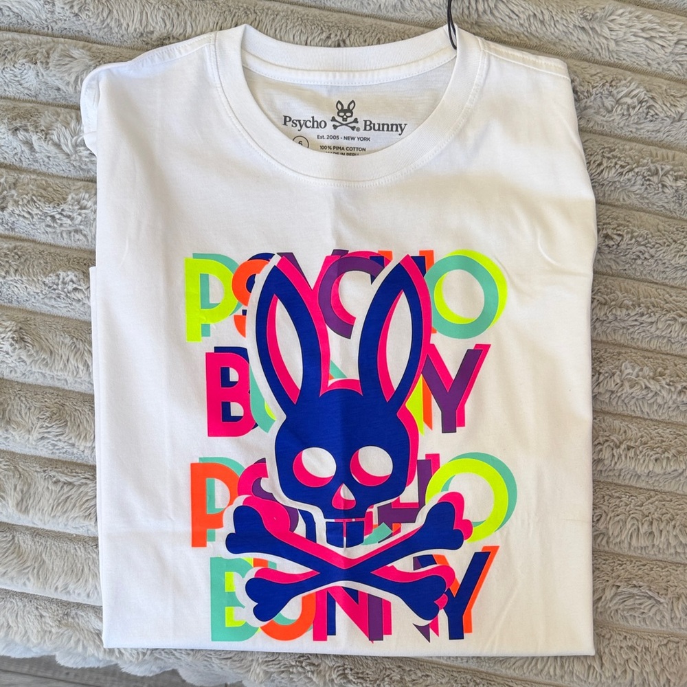 Psycho Bunny White Tee with Neon Multicolor Bunny Skull Graphic